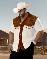 Big & Tall Men's Western Style Color Matching Casual Retro Texture Printing-short Sleeve Shirt Pants Suit